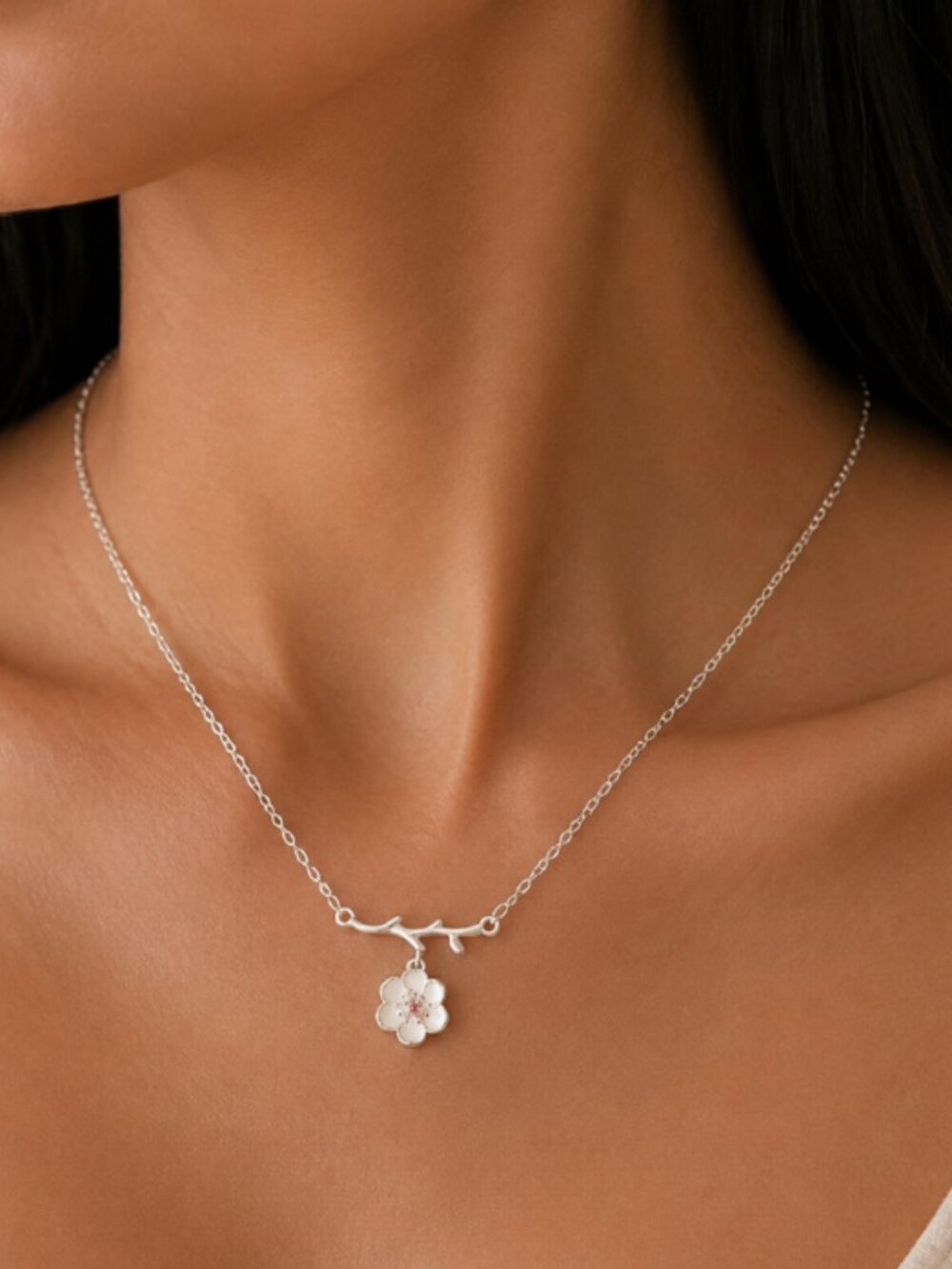925 Sterling Silver Flower Necklace Dainty Minimalist Necklace White & Pink